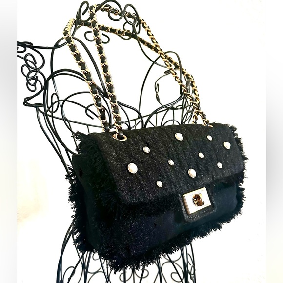 NWT Elegant Karl Lagerfeld Paris Agyness Black Denim Pearl-Embellished Bag - Picture 8 of 13
